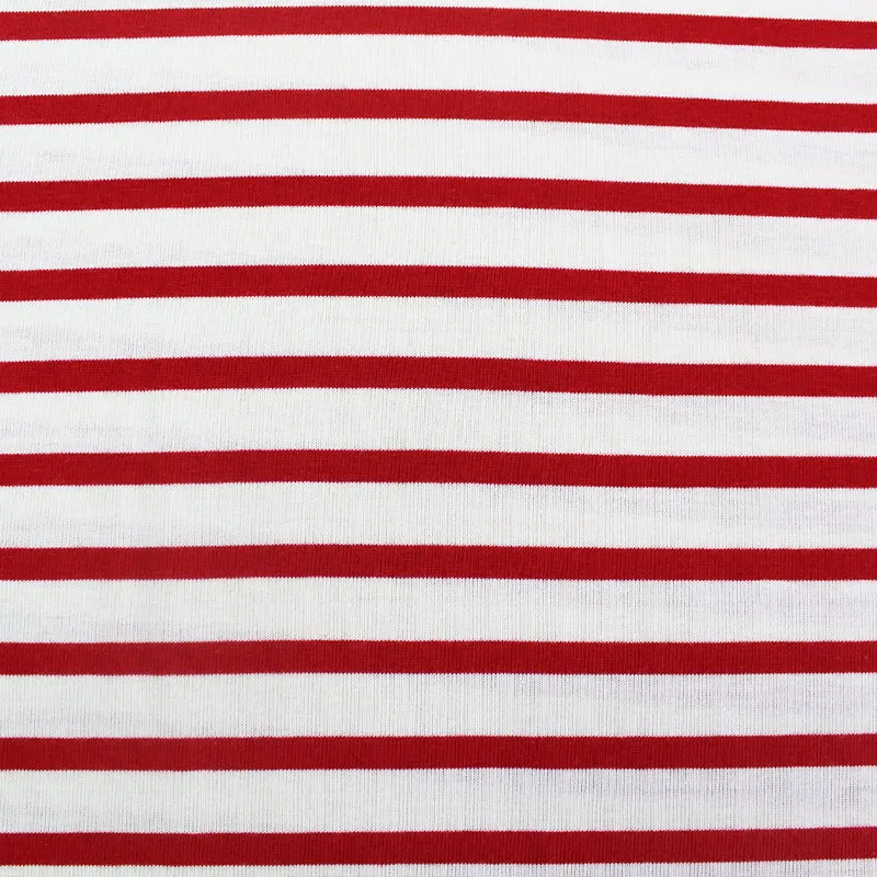 150CM REMNANT Dressmaking Organic Cotton Jersey - Red and Ecru Breton Stripe