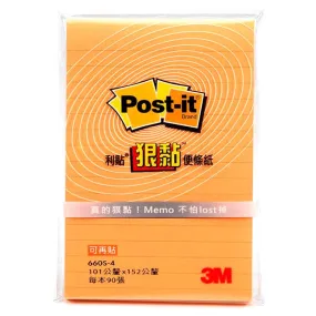 3M Post-it Super Sticky Orange Lined Notes 4" X 6" 12 Pads/Bg 90 Sheets/Pad