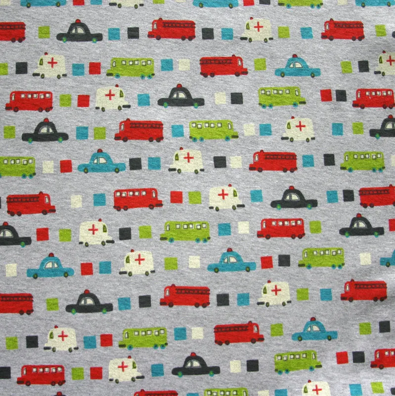 Ambulance, Police Cars, and Fire Trucks on Heathered Grey Cotton Knit Fabric