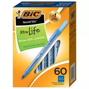 BIC Round Stic Xtra Life Ballpoint, 1mm, Medium, Blue, 60ct.