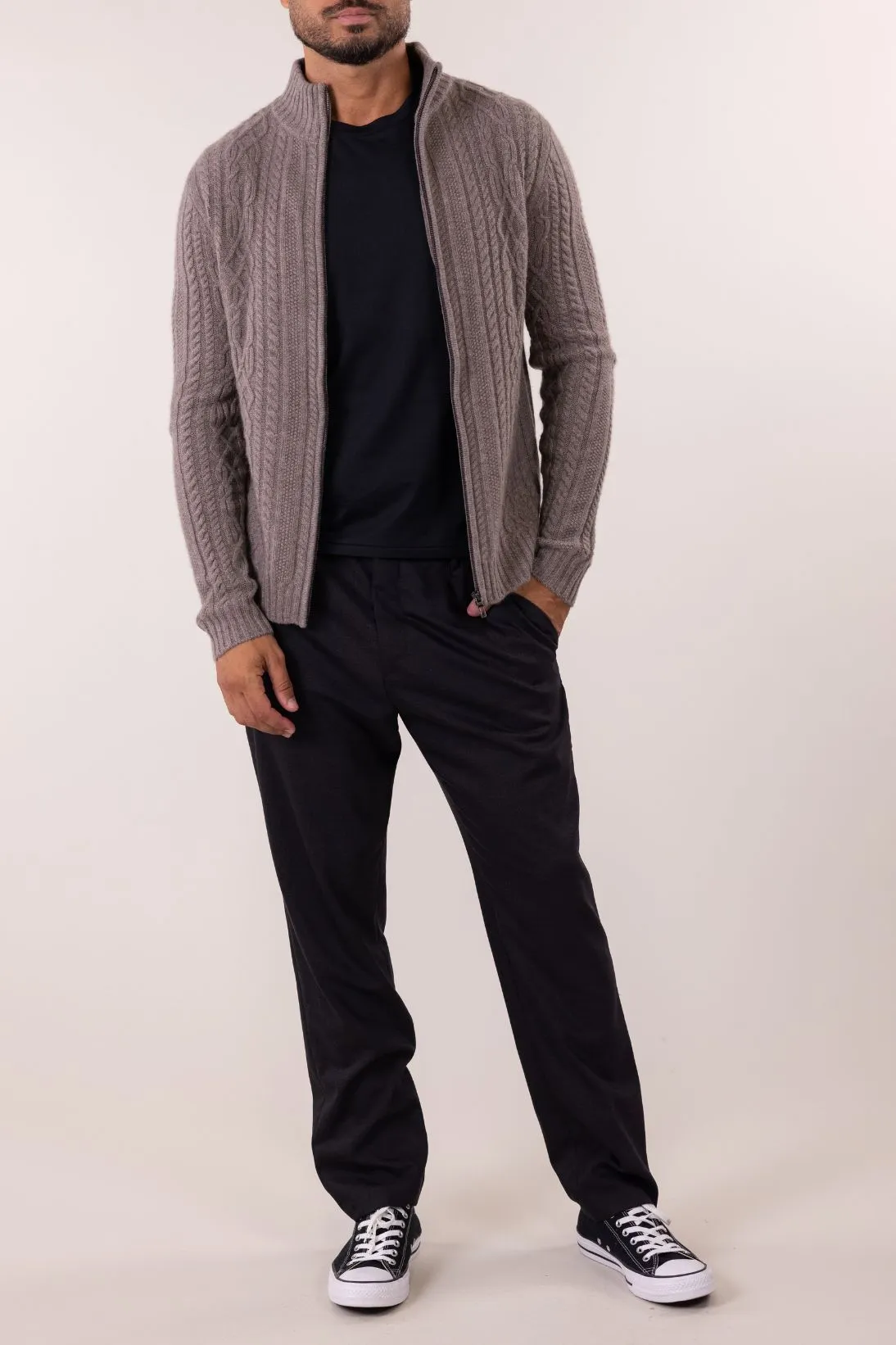 CABLE MOCK NECK ZIP CARDIGAN