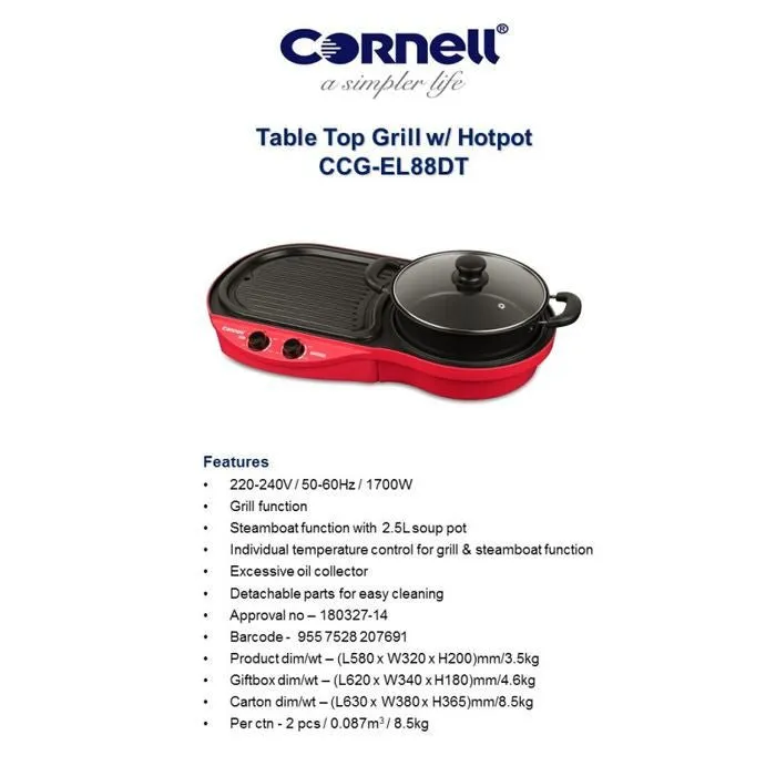 Cornell CCG-EL88DT Grill And Steamboat Non Stick Coating Plate Pan