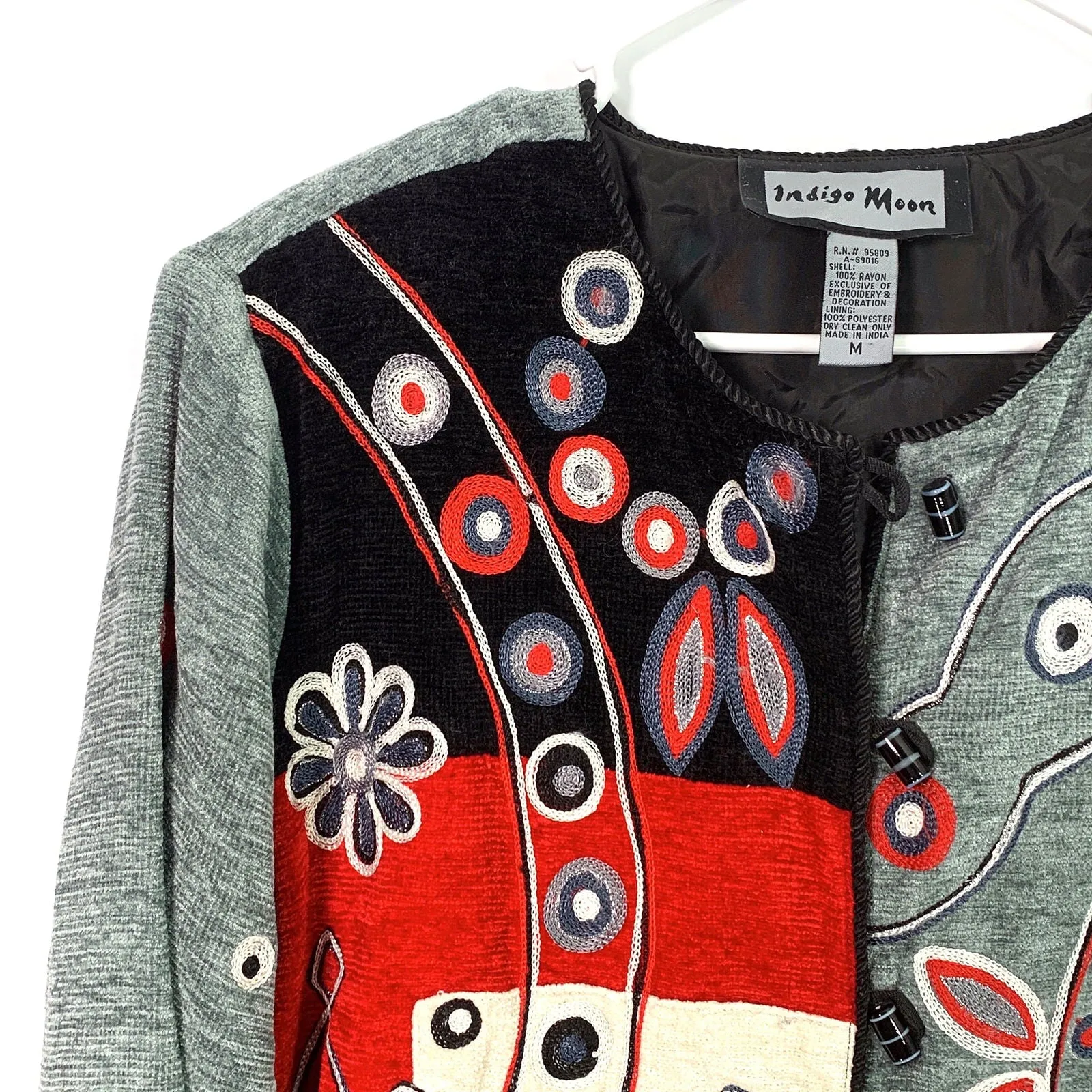 Delightful Indigo Moon Womens Jacket Size Medium Gray/Black/Red Embroidered & Embellished Button-Up