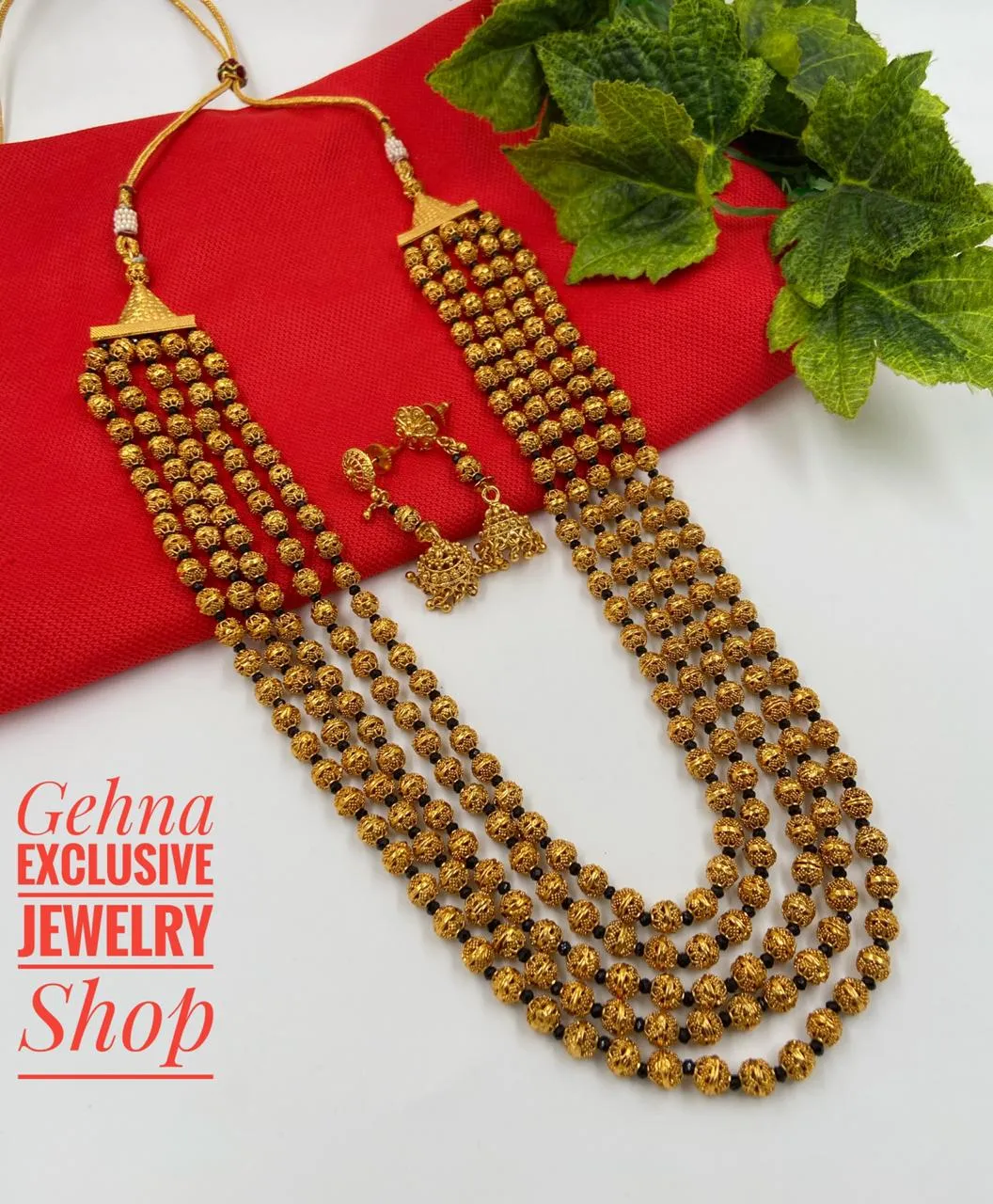 Designer Gold Toned Five Layered Golden Beads Matar Mala Necklace Black For Woman