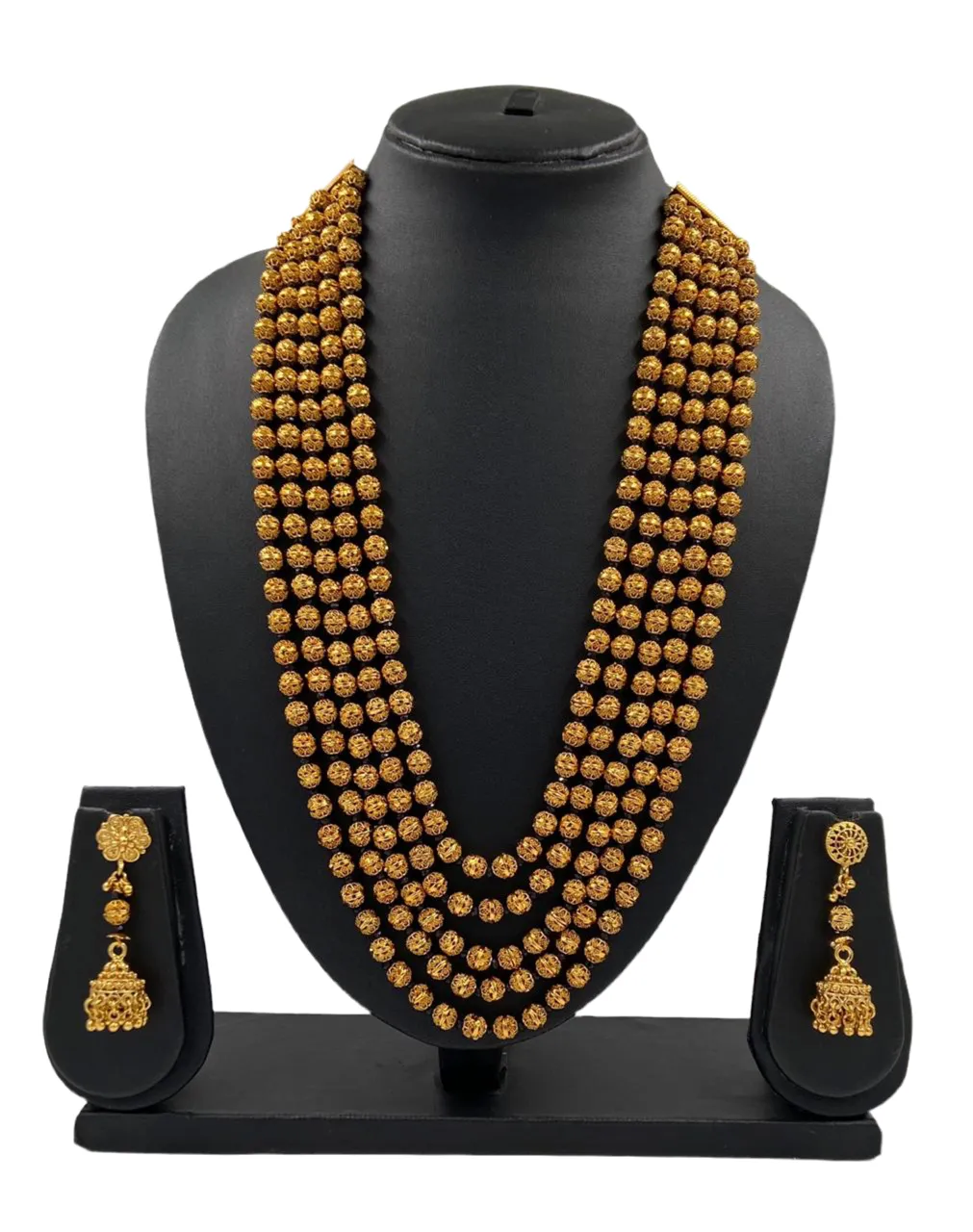 Designer Gold Toned Five Layered Golden Beads Matar Mala Necklace Black For Woman