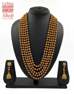 Designer Gold Toned Five Layered Golden Beads Matar Mala Necklace Black For Woman