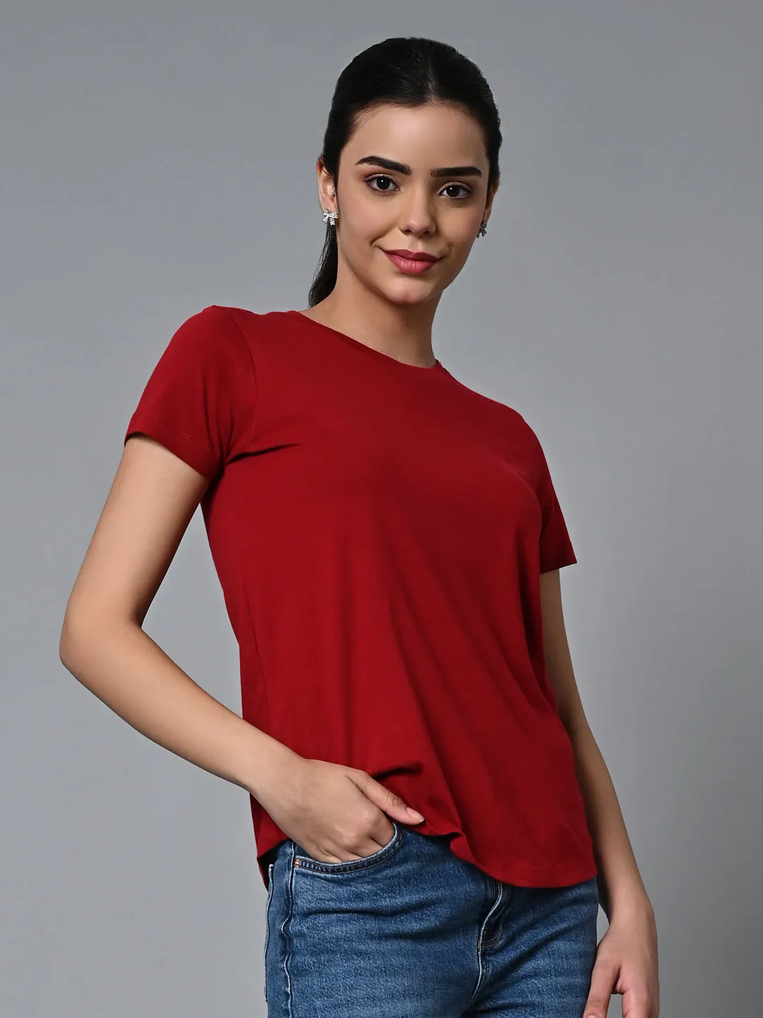 Women's Red Cotton Regular Fit Tshirt